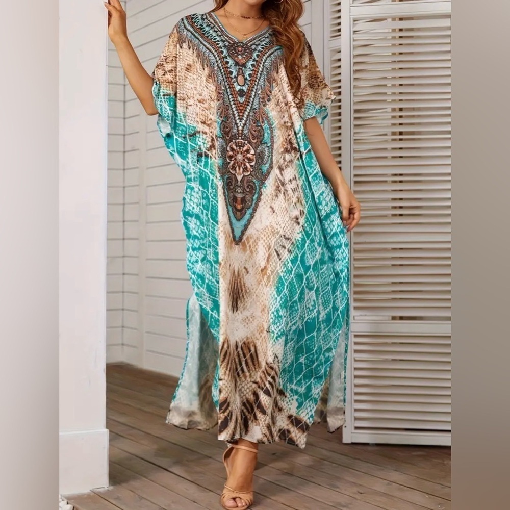 Boho Snake Print Kaftan Cover Up Maxi Dress - Picture 3 of 10